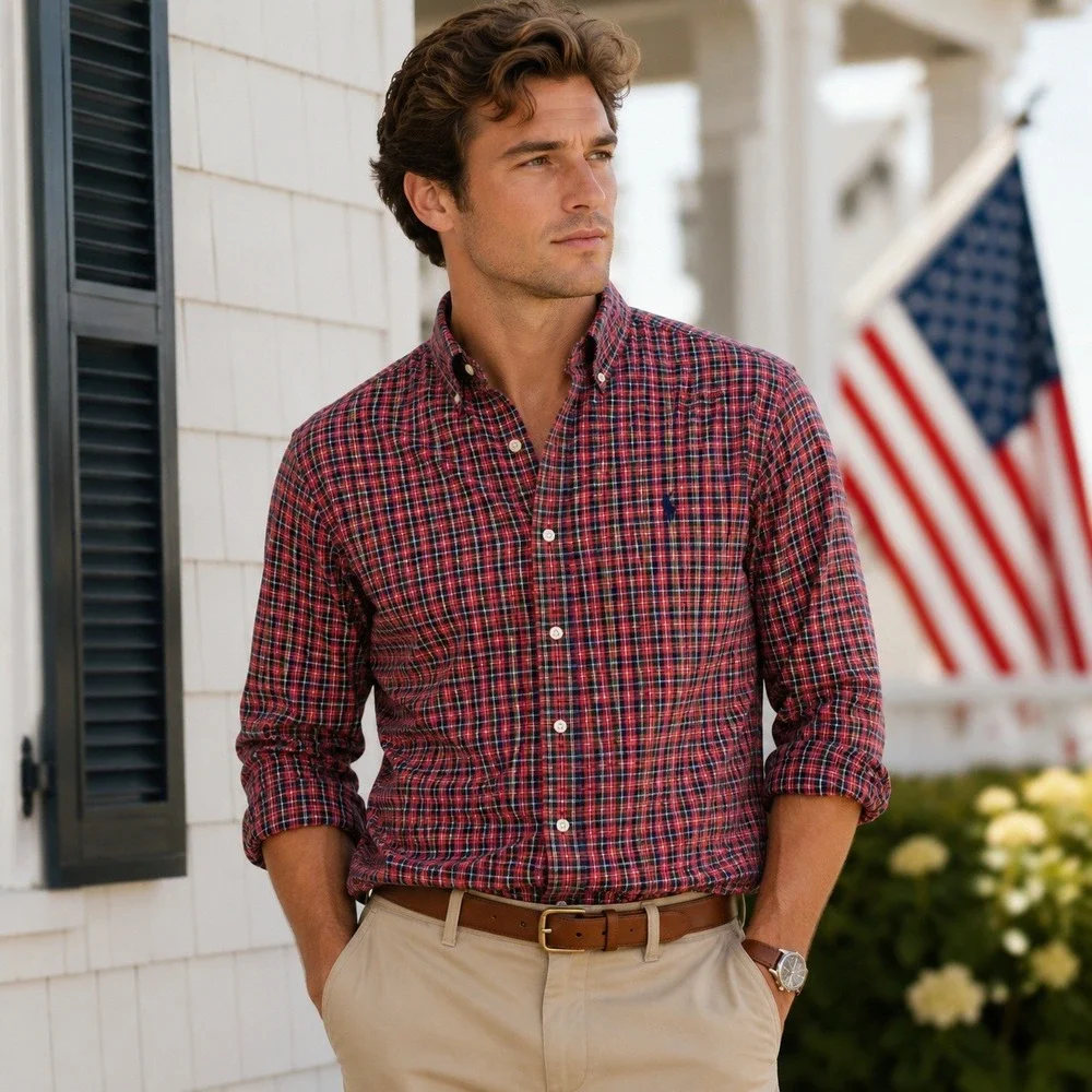 Polo Ralph Lauren Regent Custom Fit Plaid Shirt‎ Red Blue Men's XL Button Down